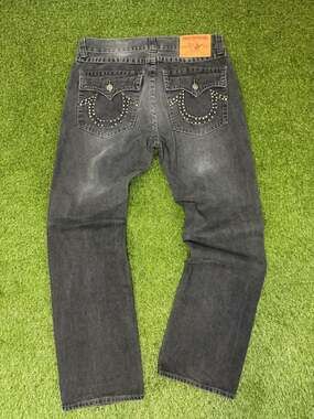 True Religion Billy Straight Leg Black Washed Studded Logo Jeans Made in USA